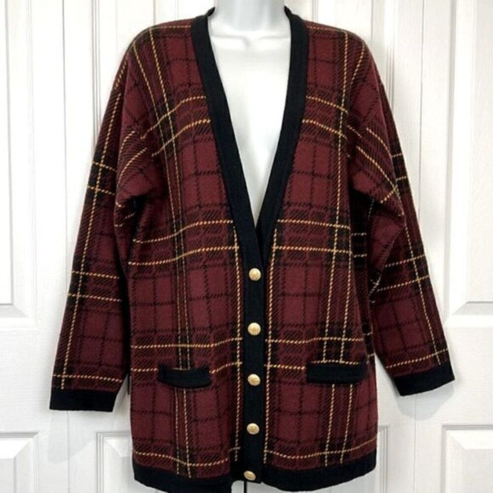 Jones New York Wool Blend Plaid Button Up Cardigan Size S fits S M - Picture 1 of 10